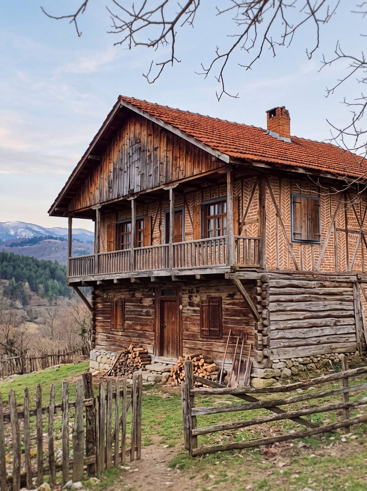 Yaprakları dökülmüş bir ağacın altında, alt katı kütük yığma, üst katı balıksırtı işlemeli eski bir Karadeniz evi