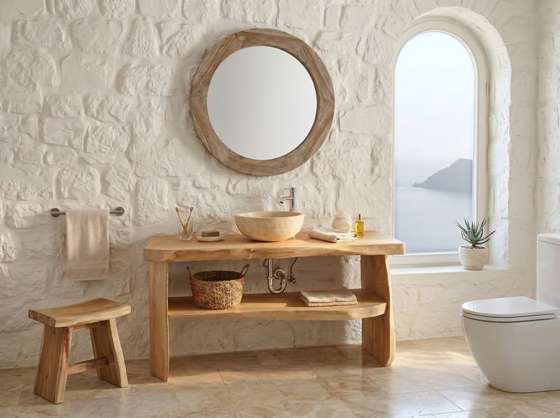 Taş duvar önünde, canlı kenarlı tablalı, altında rafı olan lavabo tezgâhı ve ahşap çerçeveli yuvarlak ayna