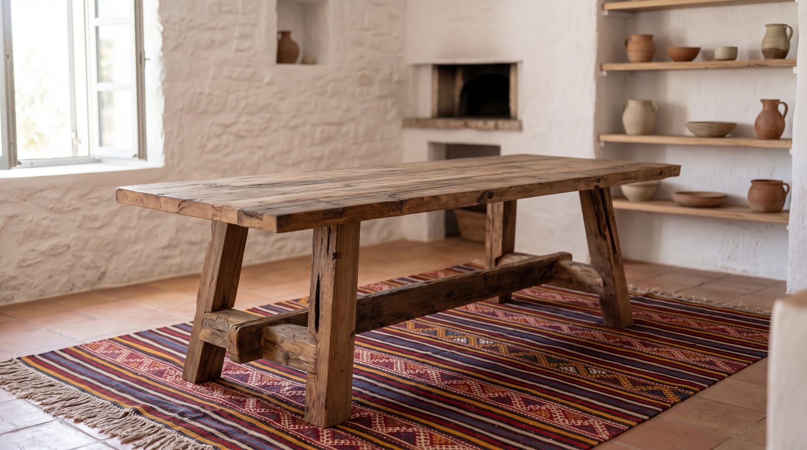 Beyaz badanalı taş odada, kilim üzerinde eğik ayaklı ve kuşak kirişli kalın kalaslı yemek masası, yandan
