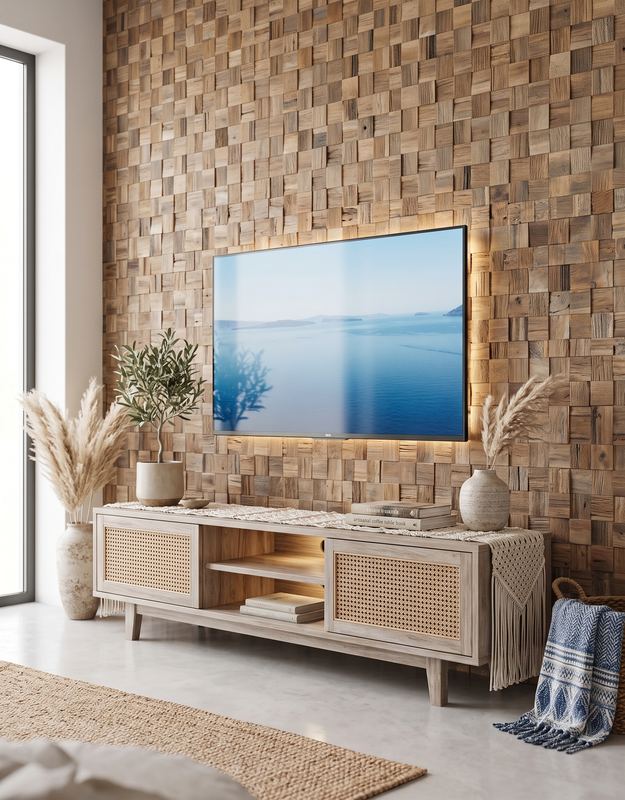 Kare blok ahşap pano ile kaplı TV duvarı