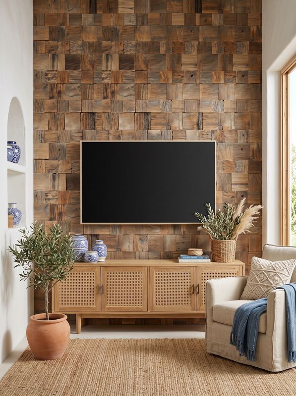 TV ve rattan konsollu salonda kare blok ahşap duvar