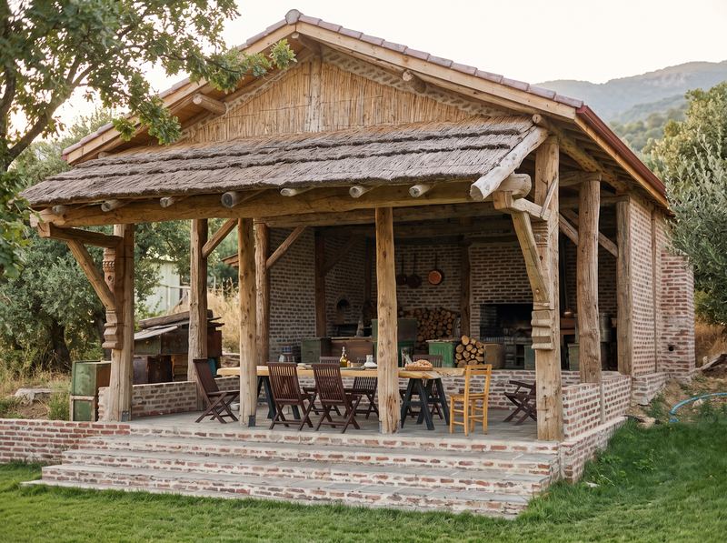 Tuğla duvarlı, saz ve kiremit çatılı, kütük direkli, açık mutfaklı ev ve uzun masa