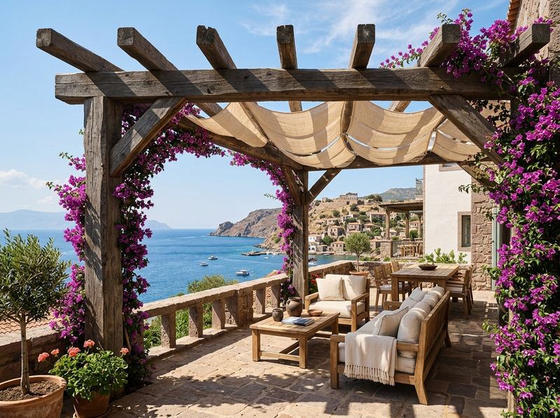 Deniz gören terasta masif ahşap pergola